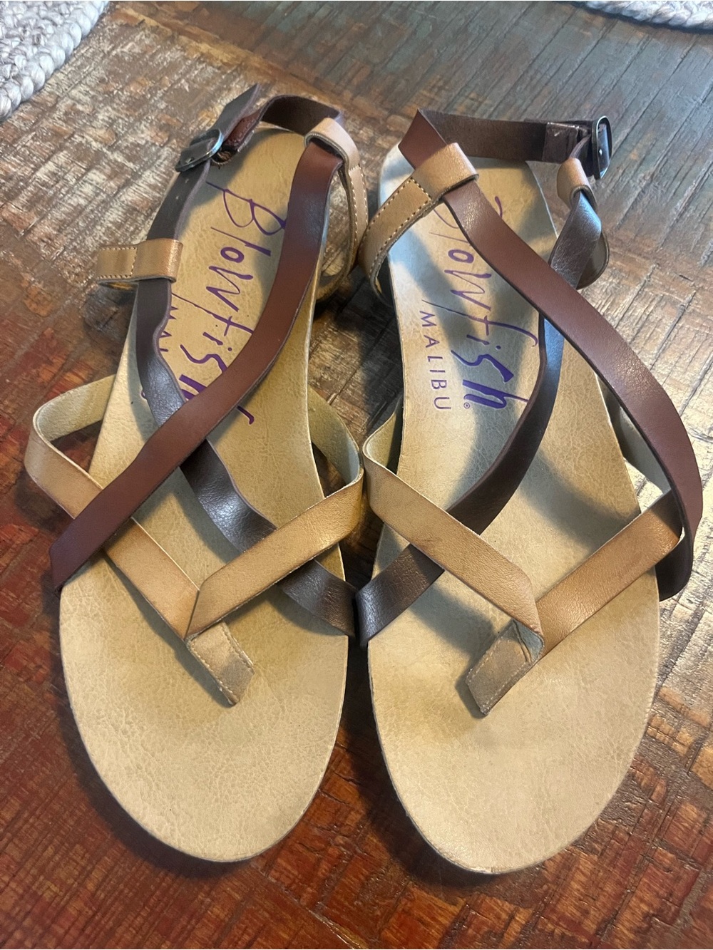 Blowfish Malibu Brown and Tan Crisscross Strap Sandals